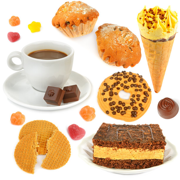 咖啡、冰淇淋、松饼和其他甜食都是白色的。拼贴画。图片下载