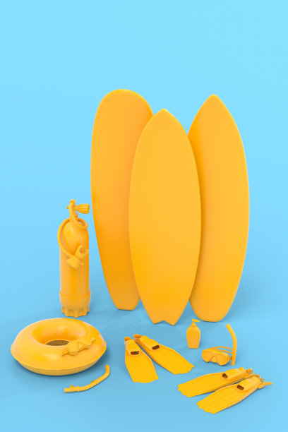 彩色手提箱或行李与沙滩配件在单色蓝色。图片下载