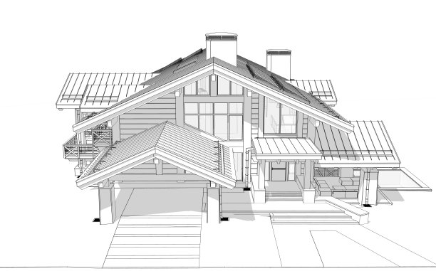 现代舒适小屋的三维渲染黑色线条在白色背景上图片下载
