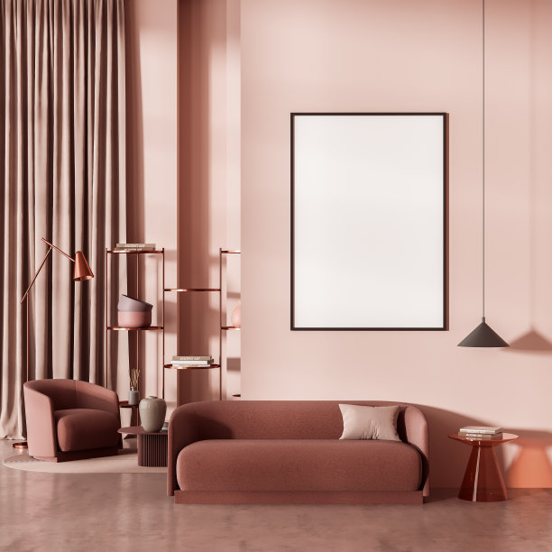粉红色的客厅内部与扶手椅和沙发，模型海报图片下载