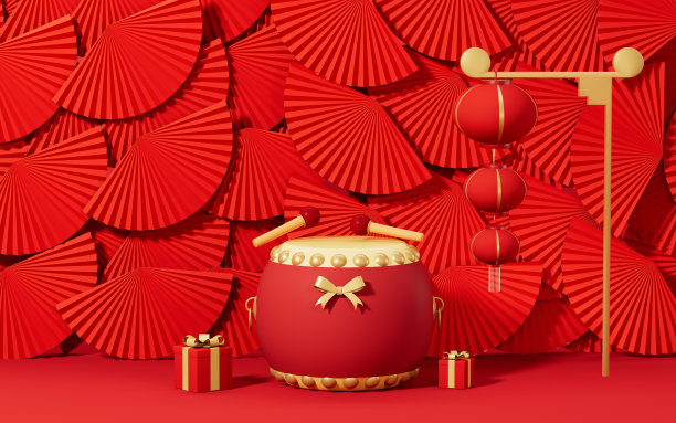 鼓和灯笼与红色扇子背景，3d渲染。图片下载