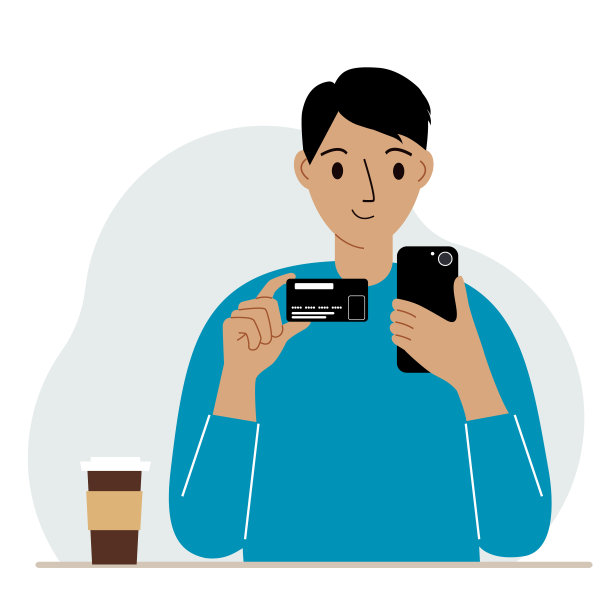 一个女人拿着手机，手里拿着一张银行卡。概念信用，存款，支付，网上借贷。向量图片下载