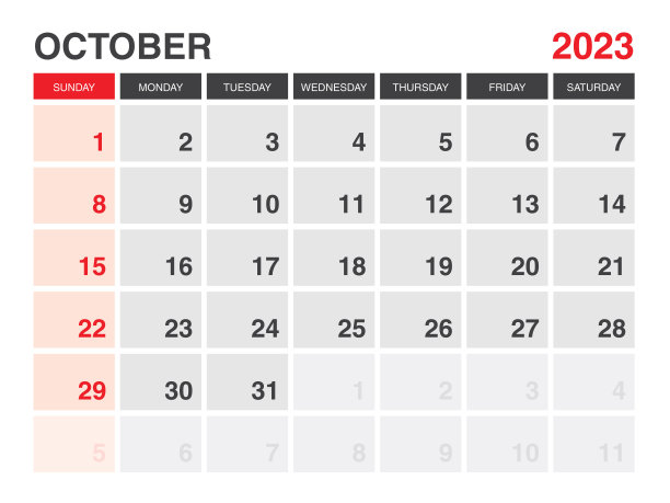 2023年10月日历打印，日历2023，规划师2023设计，桌面日历模板，挂历，组织者办公室，简单，周开始周日，minimal style，矢量eps 10图片下载