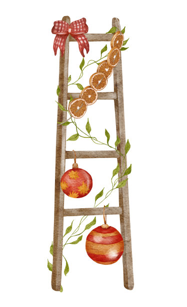水彩套舒适的家庭装饰。挂着干橙子和圣诞树装饰的圣诞梯子。用于季节装饰，贺卡图片下载