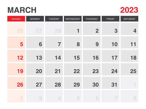2023年3月日历打印，日历2023，规划师2023设计，桌面日历模板，挂历，组织者办公室，简单，周开始周日，minimal style，矢量eps 10图片下载