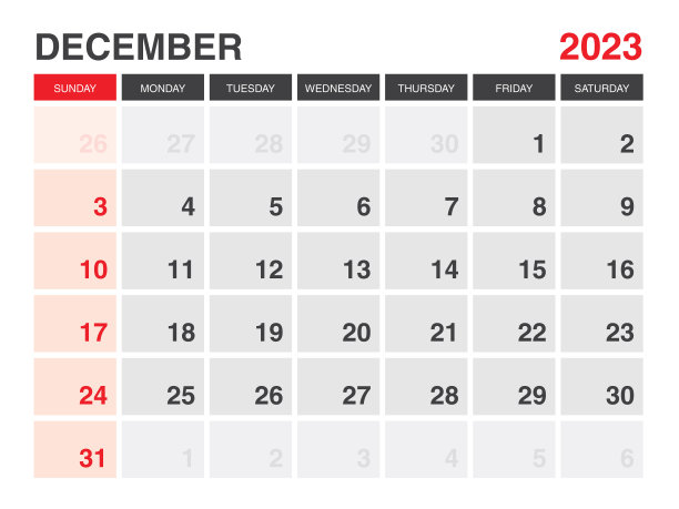 12月2023日历打印，日历2023，规划师2023设计，桌面日历模板，挂历，组织者办公室，简单，星期开始周日，minimal style，矢量eps 10图片下载
