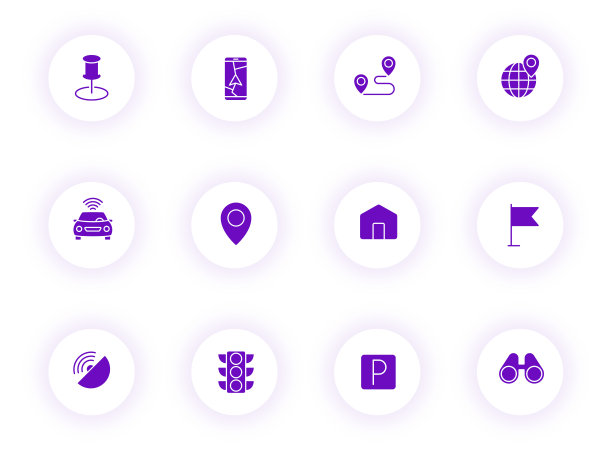 导航紫色矢量图标在光圆形按钮紫色阴影。导航图标设置网页，移动应用程序，UI设计和打印图片下载