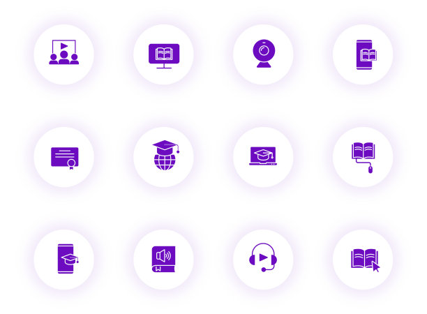 学习紫色矢量图标上的光圆形按钮紫色阴影。E学习图标设置网页，移动应用程序，UI设计和打印图片下载
