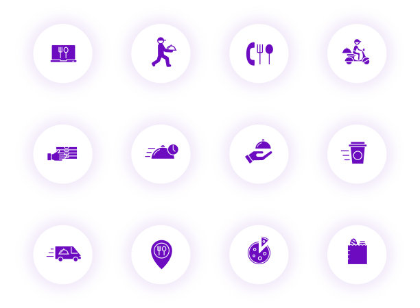 食物递送紫色矢量图标上的光圆形按钮紫色阴影。食品递送图标设置网页，移动应用程序，UI设计和打印图片下载