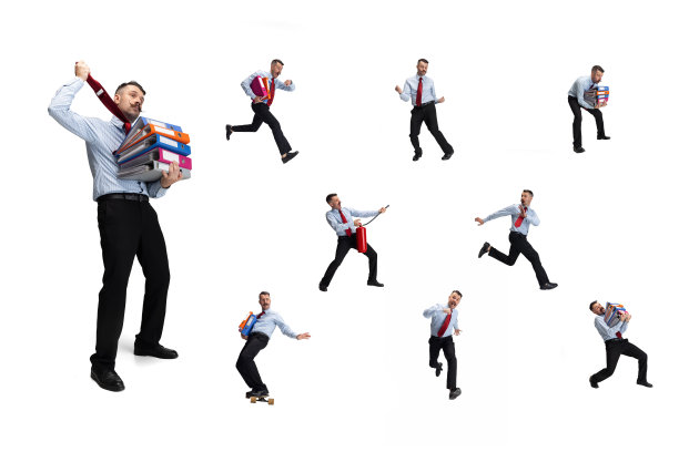 商人的拼贴与许多文件夹在不同的姿势孤立在白色背景图片下载