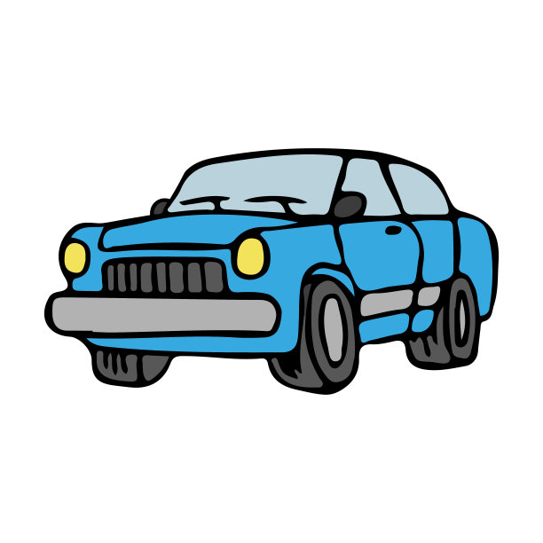 蓝色卡通车。正面和侧视图。矢量手绘。白色背景上的孤立对象。隔离。图片下载