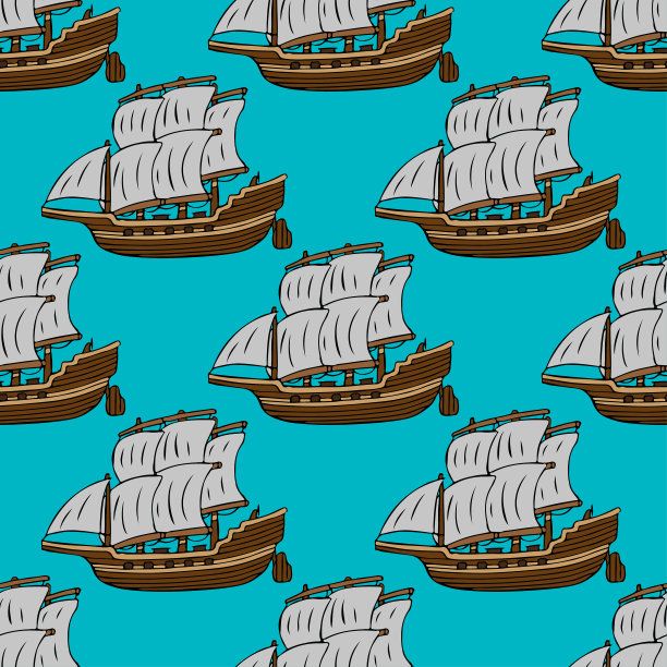 蓝色背景上的旧木制帆船。无缝模式。矢量手绘。纹理。图片下载
