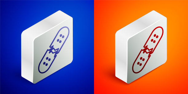 断开滑板甲板图标孤立在蓝色和橙色背景。极限运动。运动设备。银广场按钮。向量图片下载