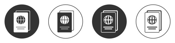 黑色护照与生物特征数据图标孤立在白色背景上。身份证明文件。圆按钮。向量图片下载