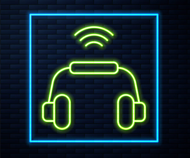 发光霓虹灯线智能耳机系统图标孤立在砖墙背景上。具有无线连接的物联网概念。向量图片下载