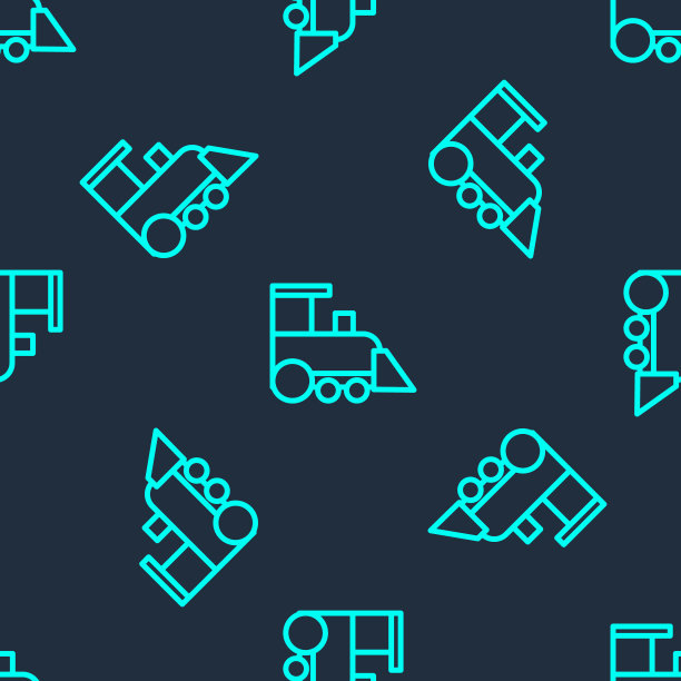 绿线玩具火车图标孤立无缝图案上的蓝色背景。向量图片下载