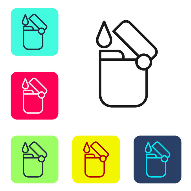 黑线打火机图标孤立在白色背景。设置彩色方块按钮图标。向量图片下载