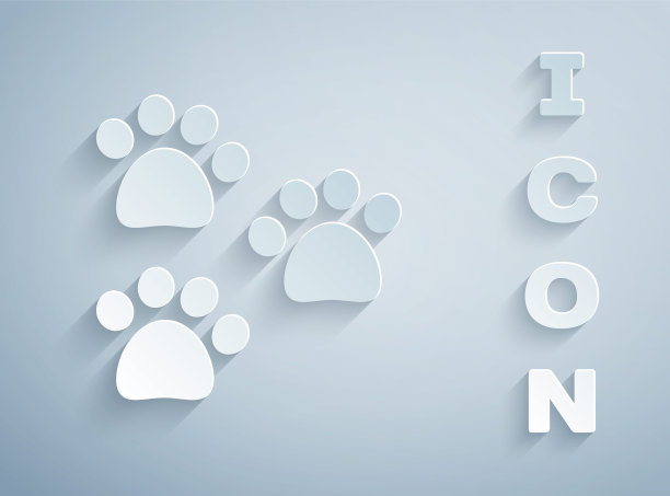 剪纸爪印图标孤立的灰色背景。狗或猫的爪印。动物跟踪。纸艺术风格。向量图片下载