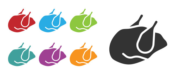 黑色烤火鸡或鸡肉图标孤立在白色背景上。设置图标丰富多彩。向量图片下载