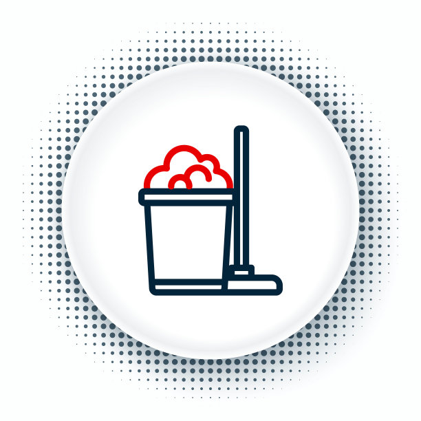 线条拖把和桶图标孤立在白色背景上。清洁服务理念。色彩斑斓的轮廓的概念。向量图片下载