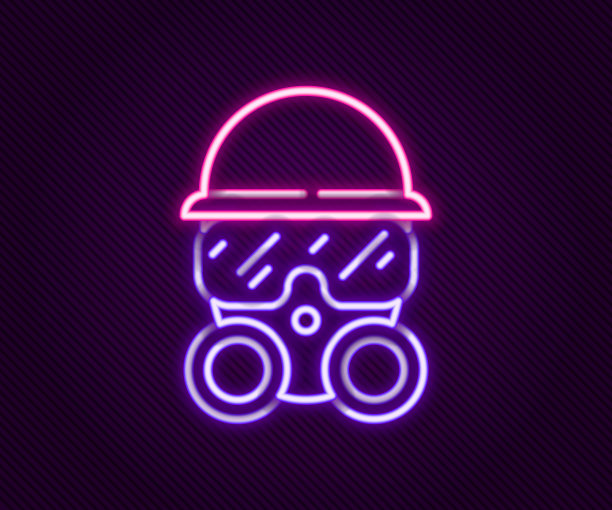 发光霓虹灯线防毒面具图标孤立在黑色背景上。呼吸器的迹象。色彩斑斓的轮廓的概念。向量图片下载