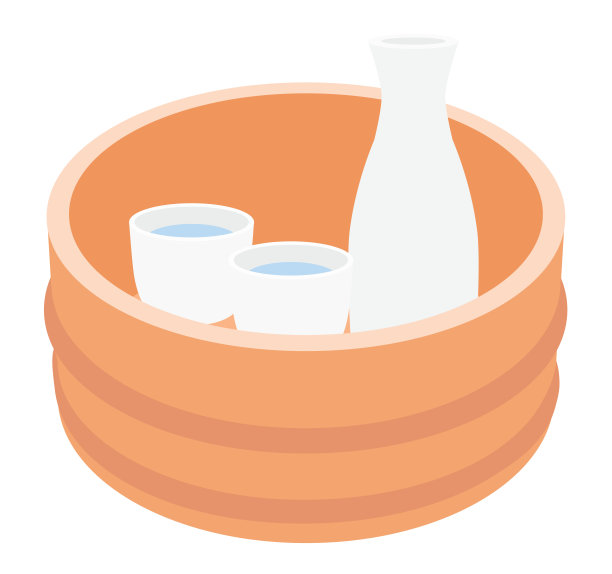 树桶里有一个清酒瓶和一个小清酒杯。图片下载