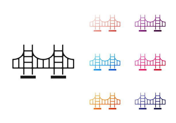 黑色金门大桥图标孤立在白色背景上。美国加利福尼亚州的旧金山。设置图标丰富多彩。向量图片下载