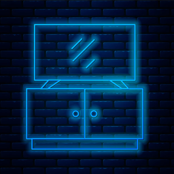 发光的霓虹灯线电视台架图标孤立在砖墙背景上。向量图片下载