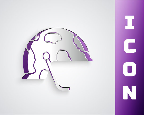 剪纸军事头盔图标孤立的灰色背景。军帽象征防御和保护。防护帽。纸艺术风格。向量图片下载