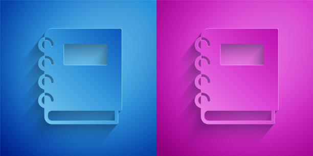 剪纸笔记本图标孤立在蓝色和紫色的背景。螺旋记事本图标。学校的笔记本。书写纸。学校的日记。纸艺术风格。向量图片下载