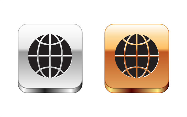黑色全球科技或社交网络图标孤立在白色背景上。金银平方按钮。矢量图图片下载