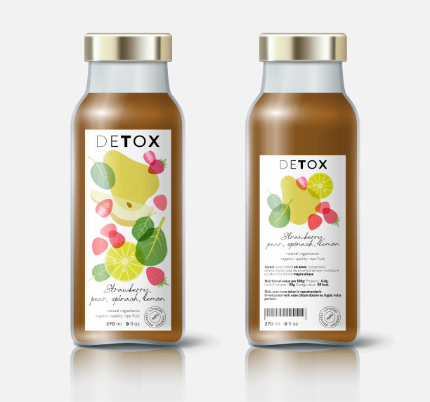 香草、水果和浆果可以排毒。梨，草莓，柠檬和菠菜的混合物。美丽透明的整个和切开的水果。图片下载