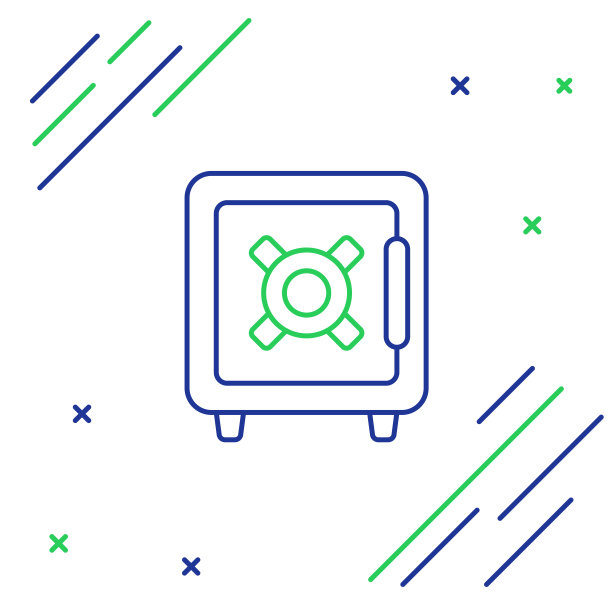 蓝色和绿色线安全图标孤立在白色背景上。这扇门用密码锁锁住了银行保险库。可靠的数据保护。色彩斑斓的轮廓的概念。矢量图图片下载