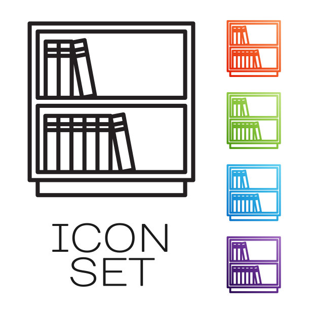 黑线图书馆书架图标孤立在白色背景上。设置图标丰富多彩。向量图片下载