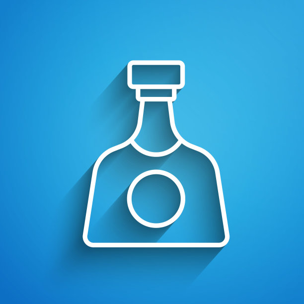 白线龙舌兰瓶图标孤立在蓝色背景。墨西哥的含酒精的饮料。长长的阴影。向量图片下载