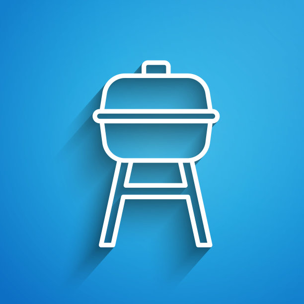 白线烧烤烧烤图标孤立在蓝色背景上。烧烤烧烤聚会。长长的阴影。向量图片下载