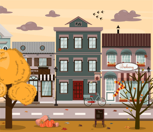 Vector秋天的街道上有房子，书店，面包店，咖啡店。欧洲风格的城市平面插图。带有公园和南瓜的卡通秋季城市图片下载