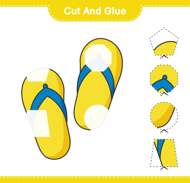 剪下胶水，剪下部分Flip flops胶水。教育儿童游戏，可打印的工作表，矢量插图图片下载