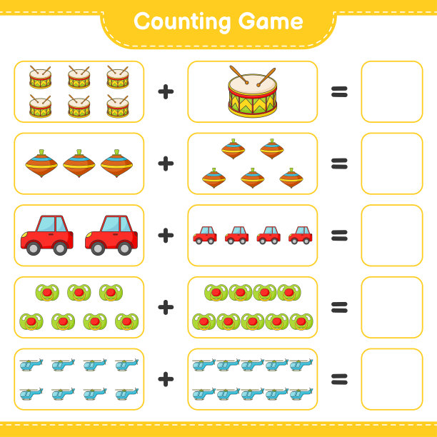 数和匹配，数汽车，奶嘴，直升机，鼓，旋转玩具的数量，并与正确的数字匹配。教育儿童游戏，可打印的工作表，矢量插图图片下载