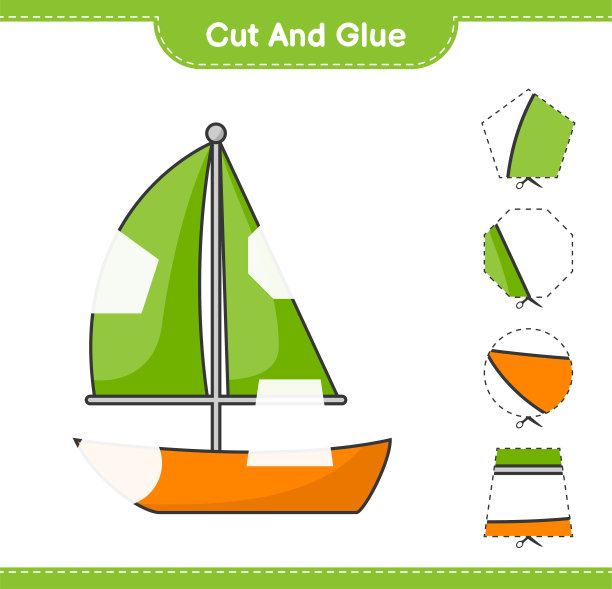 切割、粘合，将Sailboat的零件切割并粘合。教育儿童游戏，可打印的工作表，矢量插图图片下载