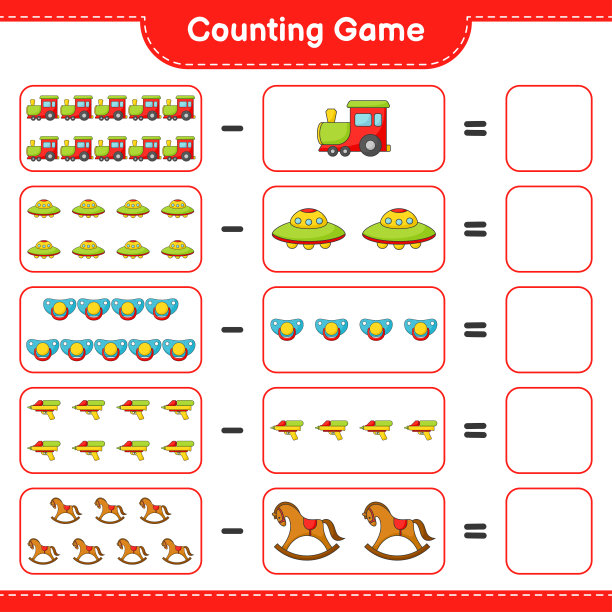 数和匹配，数火车，飞碟，奶嘴，水枪，摇摆马的数量，并匹配正确的数字。教育儿童游戏，可打印的工作表，矢量插图图片下载