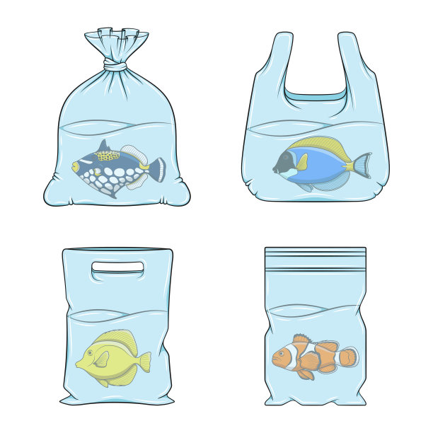 一套插图与鱼在塑料袋。孤立的矢量对象。图片下载