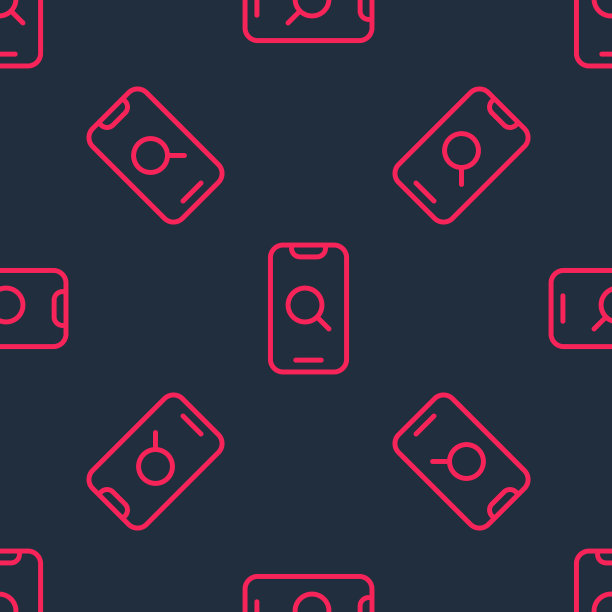 红线放大镜和移动图标孤立无缝图案上的黑色背景。搜索，聚焦，缩放，商业符号。向量图片下载