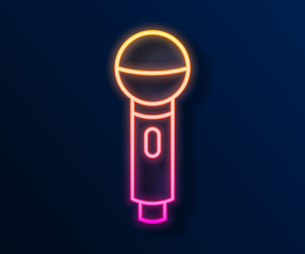 发光的霓虹灯线麦克风图标孤立在黑色背景上。在空中无线电麦克风麦克风。演讲者的迹象。向量图片下载