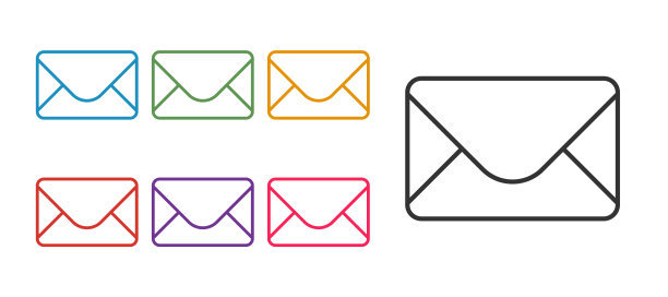 设置行邮件和电子邮件图标孤立在白色背景上。电子邮件信封标志。邮件标志。设置图标丰富多彩。向量图片下载