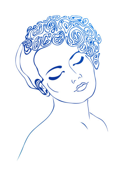 一个美丽的女孩的肖像与闭上的眼睛。在白色的背景上画彩色的线条。图片下载