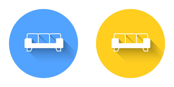 白色沙发图标孤立与长阴影背景。圆按钮。向量图片下载