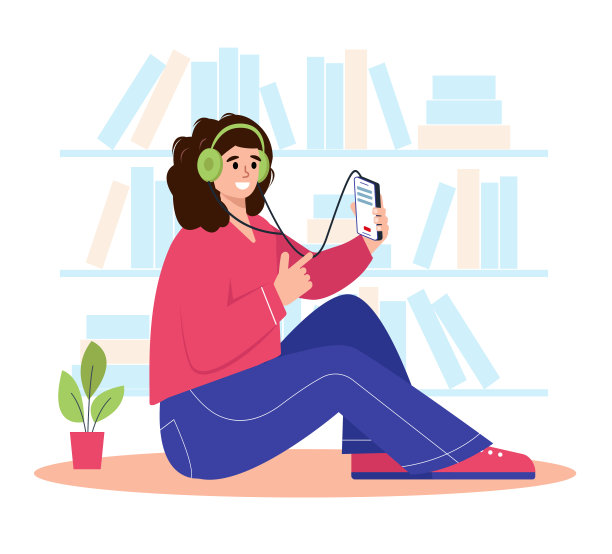 年轻女子在听有声读物。在线图书馆,电子阅读器。图片下载