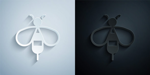 剪纸蜜蜂图标孤立的灰色和黑色背景。甜蜜的天然食品。有翅膀的蜜蜂或apis。飞行昆虫。纸艺术风格。向量图片下载