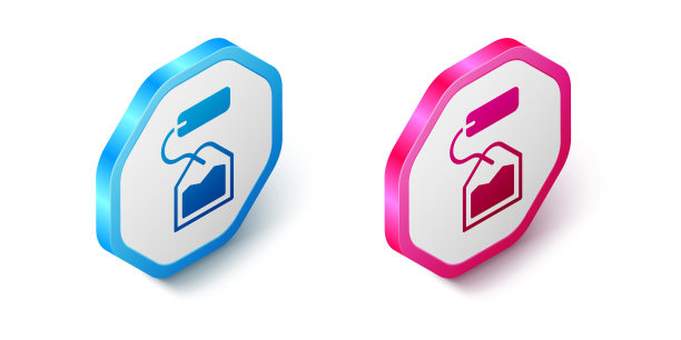 等距茶包图标孤立在白色背景上。六角按钮。向量图片下载